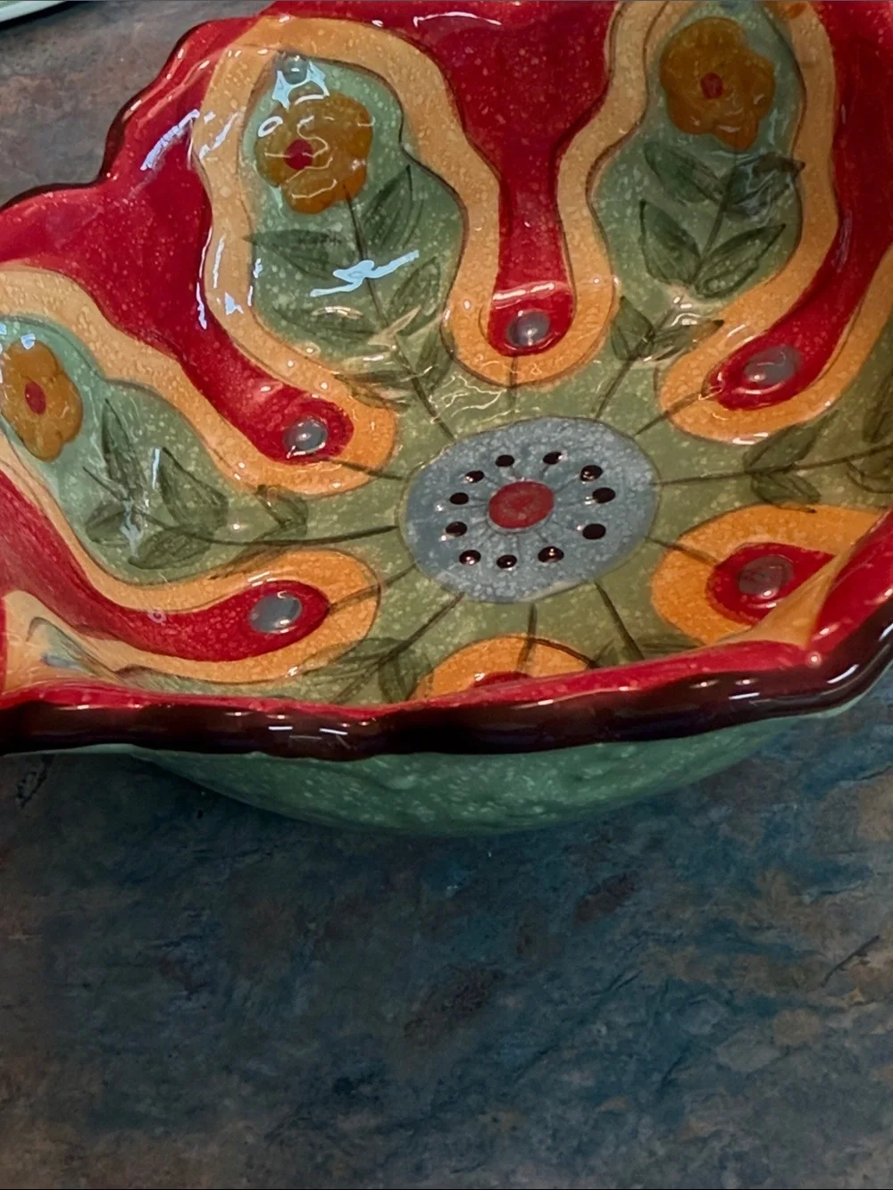 Pier 1 Imports Carynthum 10” floral serving bowl. Green, red, blue.